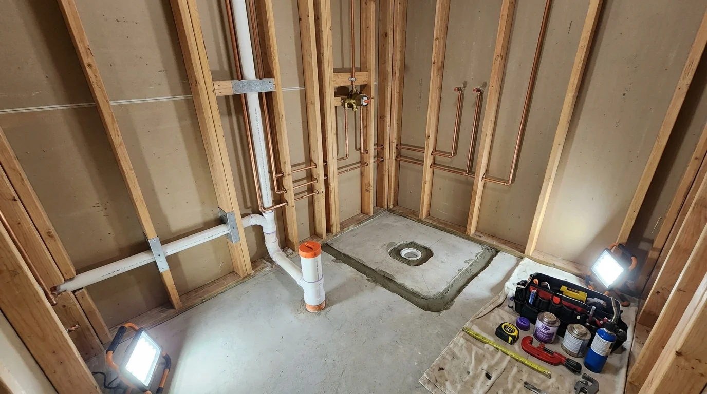Bathroom rough-in plumbing during remodel by Johns Plumbing LLC in Reynoldsville