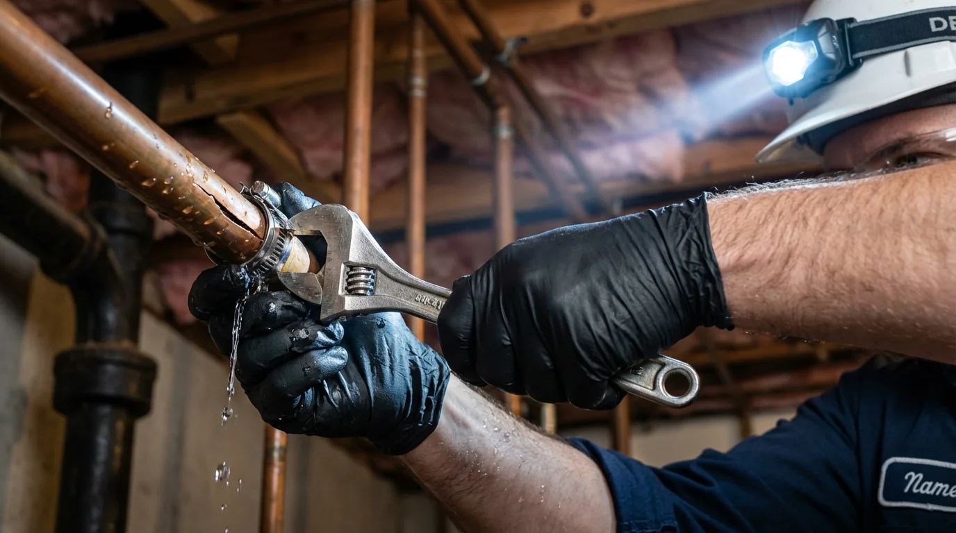 Emergency pipe clamp repair being performed by a Johns Plumbing LLC plumber in Reynoldsville