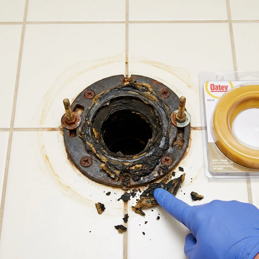 Failed wax ring showing water seepage at the base of a toilet in a Reynoldsville, PA home