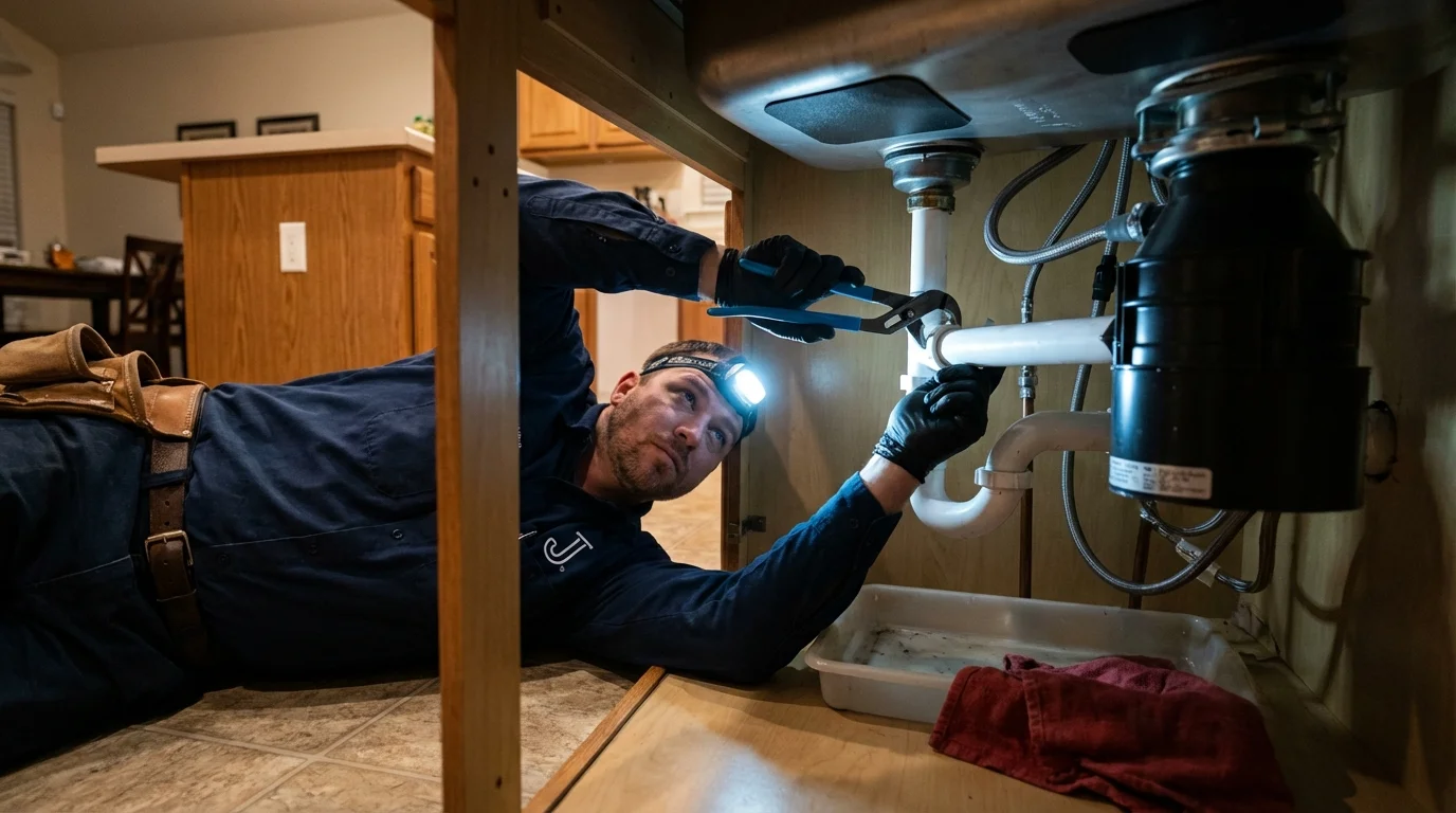 P-trap and supply line connections under a kitchen sink showing a common leak point in Reynoldsville, PA